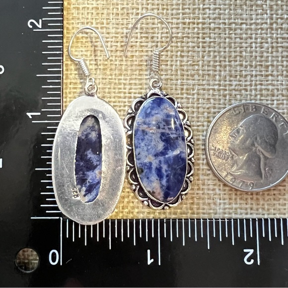 New Blue Sodalite Stone Silver Overlay Hook Earrings - Picture 4 of 4